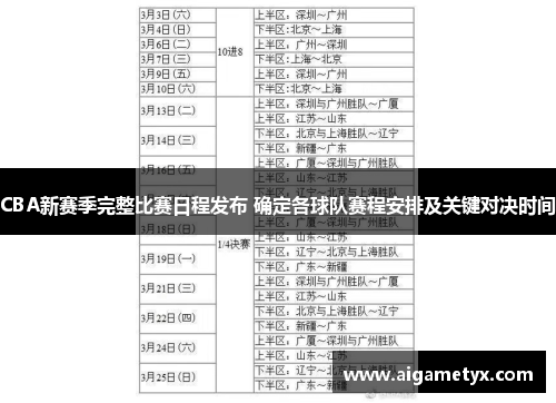 CBA新赛季完整比赛日程发布 确定各球队赛程安排及关键对决时间